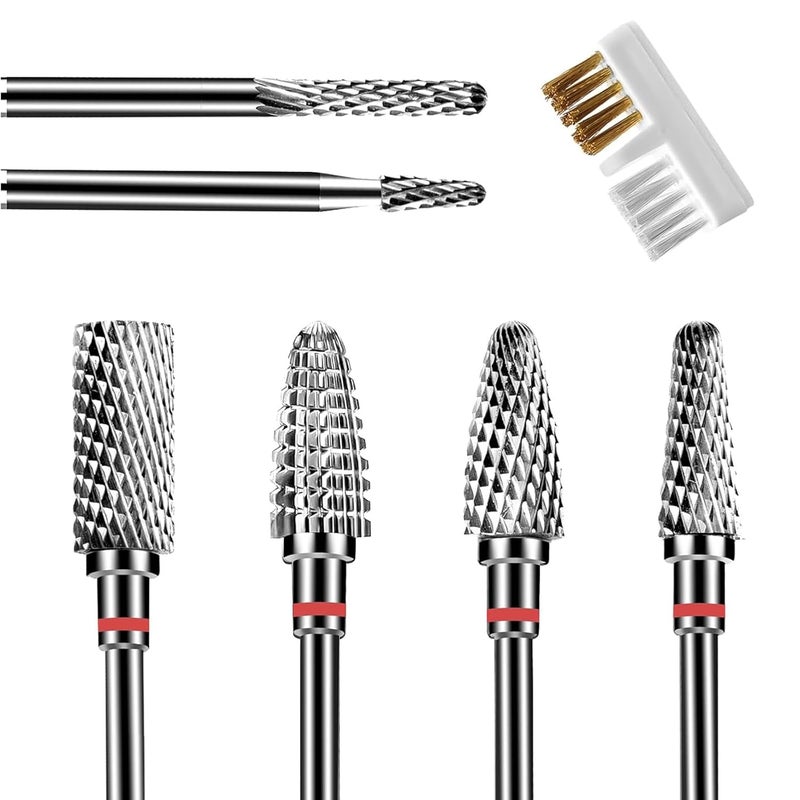 Lermende 6Pcs Nail Drill Bits Set Professional, 3/32'' Electric Nail Drill Bits for Acrylic Gel Nails, Cuticle Nail Drill Bit Quick Gel Polish Remover Manicure Pedicure Tools with Cleaning Brush (Red)