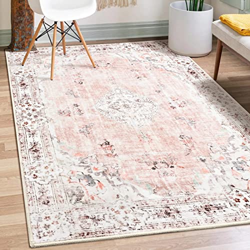 MUJOO Boho Area Rug 3x5 Machine Washable Pink Small Non Slip Area Rugs for Entryway Bedroom Bedside Kitchen Hallway Living Room Laundry Room Indoor Mat Soft LowPile Floral