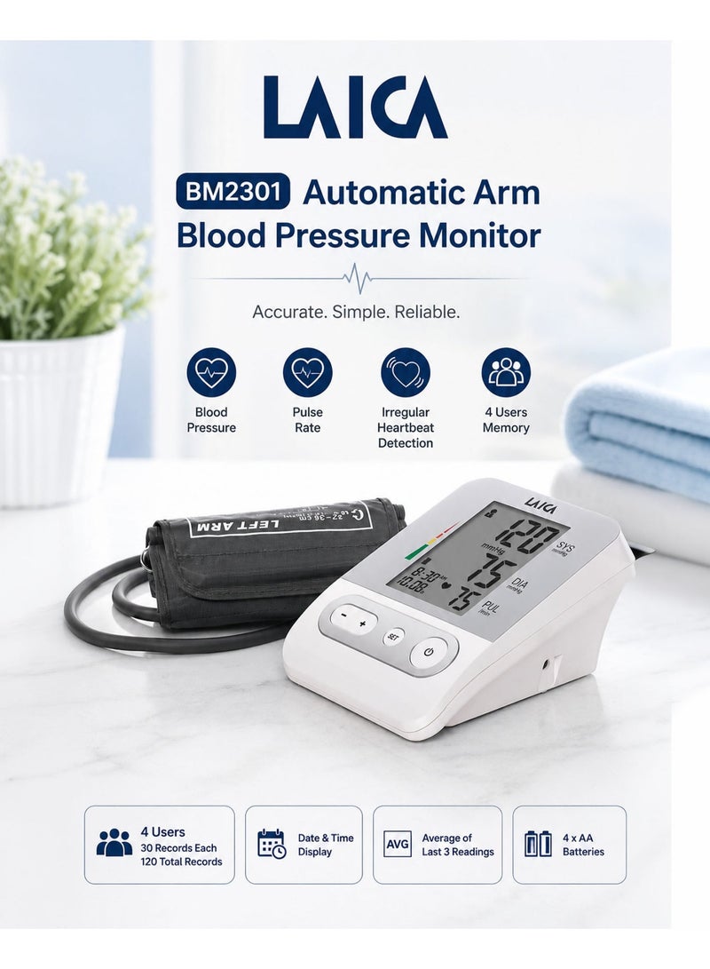 LAICA BM2301 Automatic Arm Blood Pressure Monitor Fully Automatic Digital Upper Arm BP Machine with Large LCD Display Irregular Heartbeat Detection 4 Users 120 Memory Records Pulse Rate Monitor Home Healthcare Device with Standard Cuff 22-36cm AA Battery Operated Blood Pressure Checker - Image 1