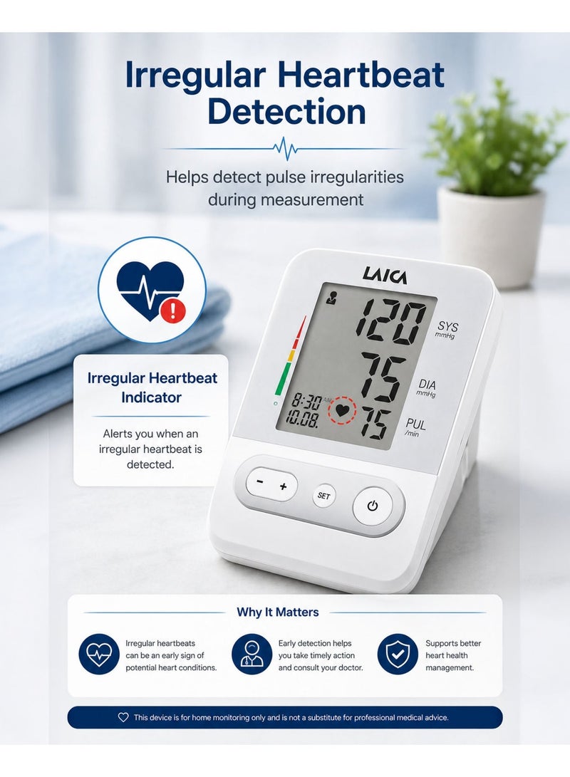 LAICA BM2301 Automatic Arm Blood Pressure Monitor Fully Automatic Digital Upper Arm BP Machine with Large LCD Display Irregular Heartbeat Detection 4 Users 120 Memory Records Pulse Rate Monitor Home Healthcare Device with Standard Cuff 22-36cm AA Battery Operated Blood Pressure Checker - Image 4