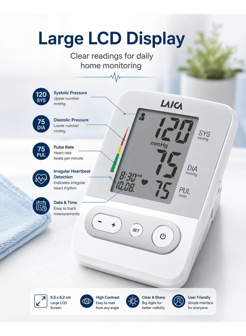 LAICA BM2301 Automatic Arm Blood Pressure Monitor Fully Automatic Digital Upper Arm BP Machine with Large LCD Display Irregular Heartbeat Detection 4 Users 120 Memory Records Pulse Rate Monitor Home Healthcare Device with Standard Cuff 22-36cm AA Battery Operated Blood Pressure Checker - Image 2