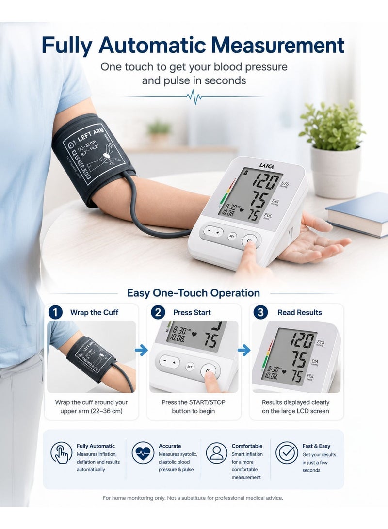 LAICA BM2301 Automatic Arm Blood Pressure Monitor Fully Automatic Digital Upper Arm BP Machine with Large LCD Display Irregular Heartbeat Detection 4 Users 120 Memory Records Pulse Rate Monitor Home Healthcare Device with Standard Cuff 22-36cm AA Battery Operated Blood Pressure Checker - Image 3
