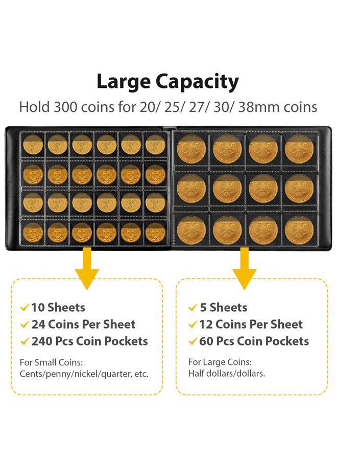Aptbyte Coin Collection Supplies Holder Book for Collectors, 300 Pockets Coin Collection Organizer Storage Box Case Album for 20/25/ 27/30/ 38mm Coins (Vintage pattern black) - Image 2