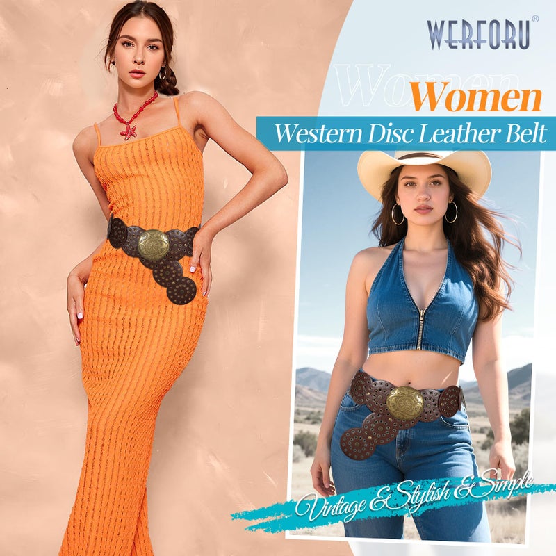 WERFORU Women Vintage Leather Belt Western Disc Waist Belts Ladies Western Belt Boho Belt for Dress Jean (41":Fit Waist Size Below 37",Browm-Bronze Buckle) - Image 3