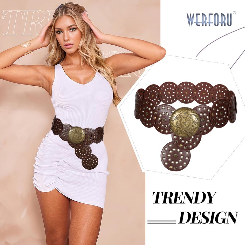 WERFORU Women Vintage Leather Belt Western Disc Waist Belts Ladies Western Belt Boho Belt for Dress Jean (41":Fit Waist Size Below 37",Browm-Bronze Buckle) - Image 2