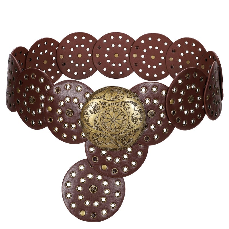 WERFORU Women Vintage Leather Belt Western Disc Waist Belts Ladies Western Belt Boho Belt for Dress Jean (41":Fit Waist Size Below 37",Browm-Bronze Buckle) - Image 1