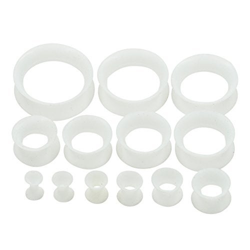 Qmcandy 26pcs 8G-1" White Thin Silicone Double Flared Hollow Flexible Ear Tunnels Kit Ear Stretching Set (13 Pairs) - Image 1