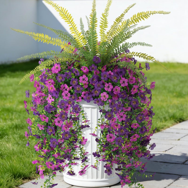 Hrobek Artificial Fake Hanging Flowers Plants for Outdoor Spring Decoration3 PCS Faux Silk Daisy with Boston FernsUV Resistant Look Real for Outside Home Indoor Planter Porch Patio Balcony Yard Decor - Image 2