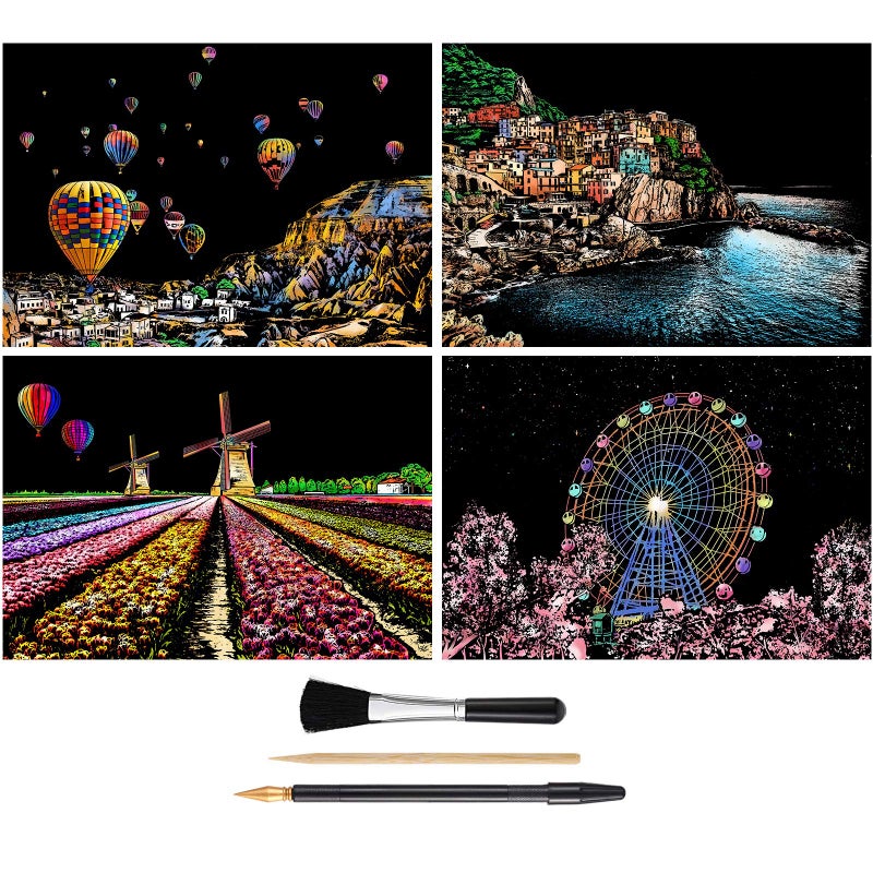 Rainbow Scratch Art Painting Paper A4 for Kids Adults DIY Night View Scratchboard Set 4 Sheets Scratch Cards Drawing Pen Clean Brush Cinque TerreWindmillHot Air BalloonFerris Wheel