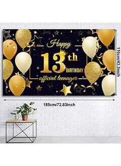 Tatuo Happy 13Th Birthday Backdrop Banner 13 Years Old Birthday Party Banner Black And Gold Official Teenager Background Banner Birthday Party Photo Booth Banner For Birthday Party Favor 72.8 X 43.3 Inch  - Image 2