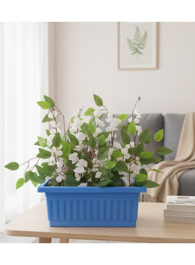 Artificial flower pot with a bouquet of roses and green leaves, a plastic pot for home decor, available in multiple colors.