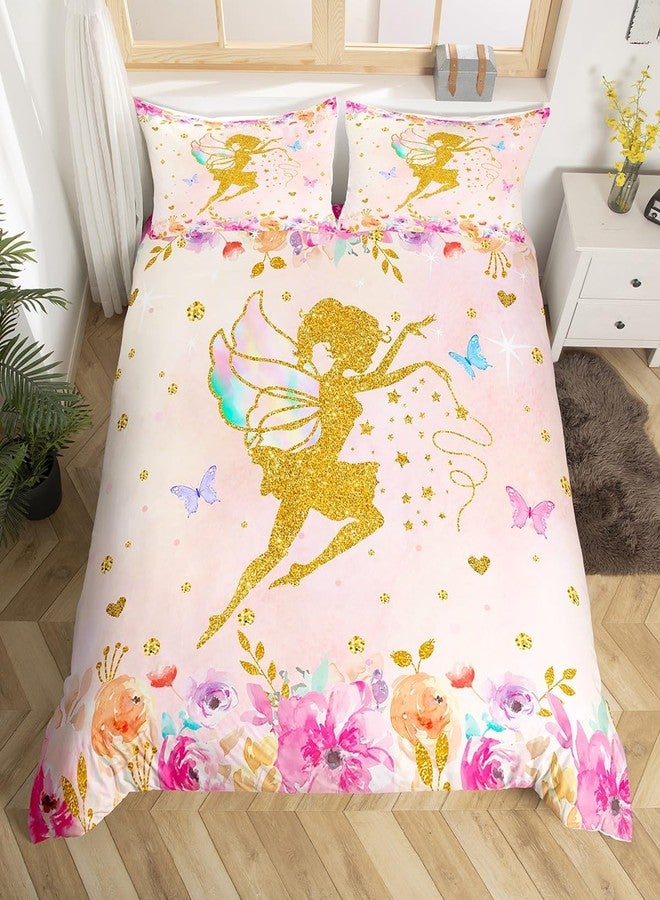 Castle Fairy Women Colorful Flowers Duvet Cover Set Twin Size,2 Pcs Breathable Magical Girl Bedding Sets(1 Duvet Cover+1 Pillowcase),Children Gold Butterfly Printed Comforter Cover Set for Girls Kids(No Comforter) - Image 4