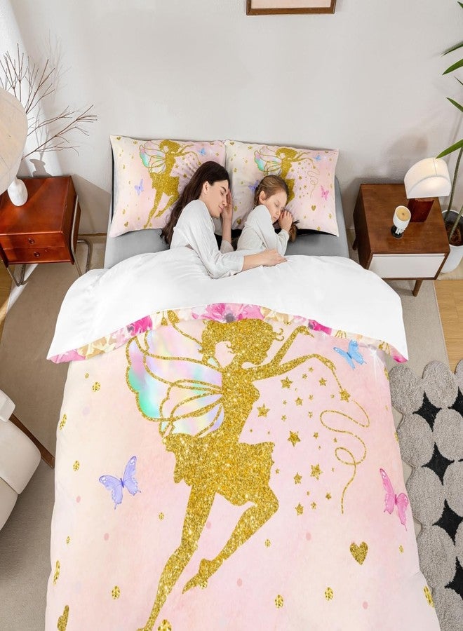 Castle Fairy Women Colorful Flowers Duvet Cover Set Twin Size,2 Pcs Breathable Magical Girl Bedding Sets(1 Duvet Cover+1 Pillowcase),Children Gold Butterfly Printed Comforter Cover Set for Girls Kids(No Comforter) - Image 3