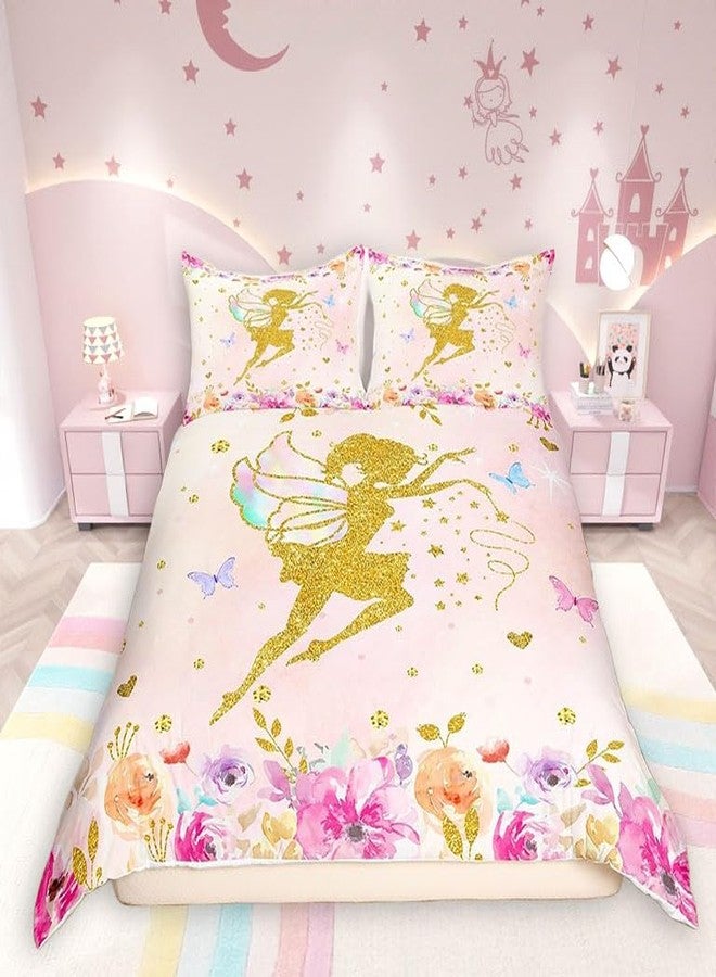 Castle Fairy Women Colorful Flowers Duvet Cover Set Twin Size,2 Pcs Breathable Magical Girl Bedding Sets(1 Duvet Cover+1 Pillowcase),Children Gold Butterfly Printed Comforter Cover Set for Girls Kids(No Comforter) - Image 1