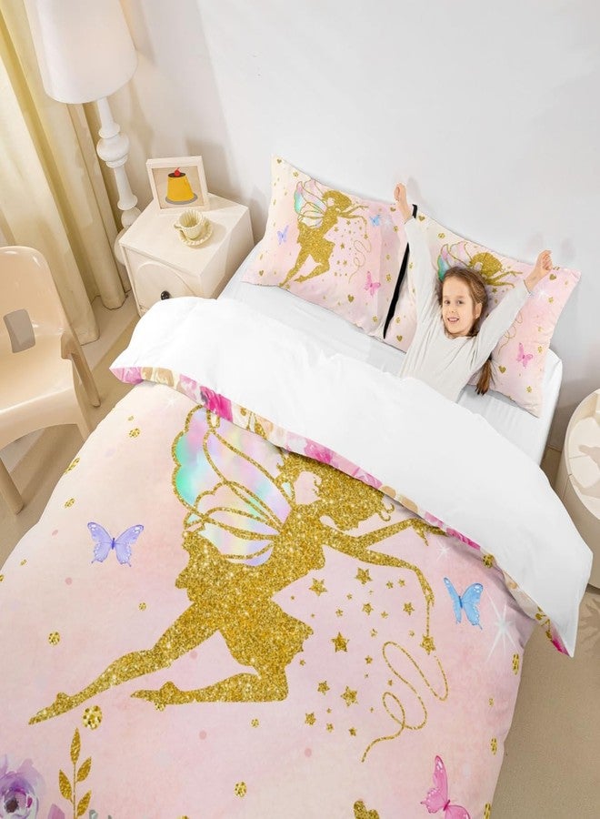 Castle Fairy Women Colorful Flowers Duvet Cover Set Twin Size,2 Pcs Breathable Magical Girl Bedding Sets(1 Duvet Cover+1 Pillowcase),Children Gold Butterfly Printed Comforter Cover Set for Girls Kids(No Comforter) - Image 2