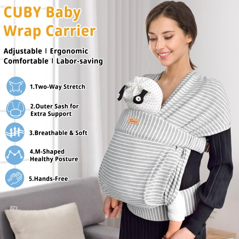 CUBY Baby Wraps Carrier, Skin-Friendly and Soft Cotton Front Newborn Carrier Wrap, One Size Fits All for Newborn Toddlers- Hands Free Baby Wearing Wrap for Travel Outdoor Gifts (Grey Stripe) - Image 3
