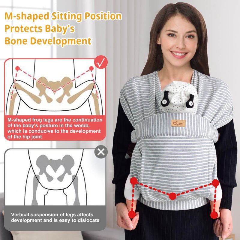 CUBY Baby Wraps Carrier, Skin-Friendly and Soft Cotton Front Newborn Carrier Wrap, One Size Fits All for Newborn Toddlers- Hands Free Baby Wearing Wrap for Travel Outdoor Gifts (Grey Stripe) - Image 4