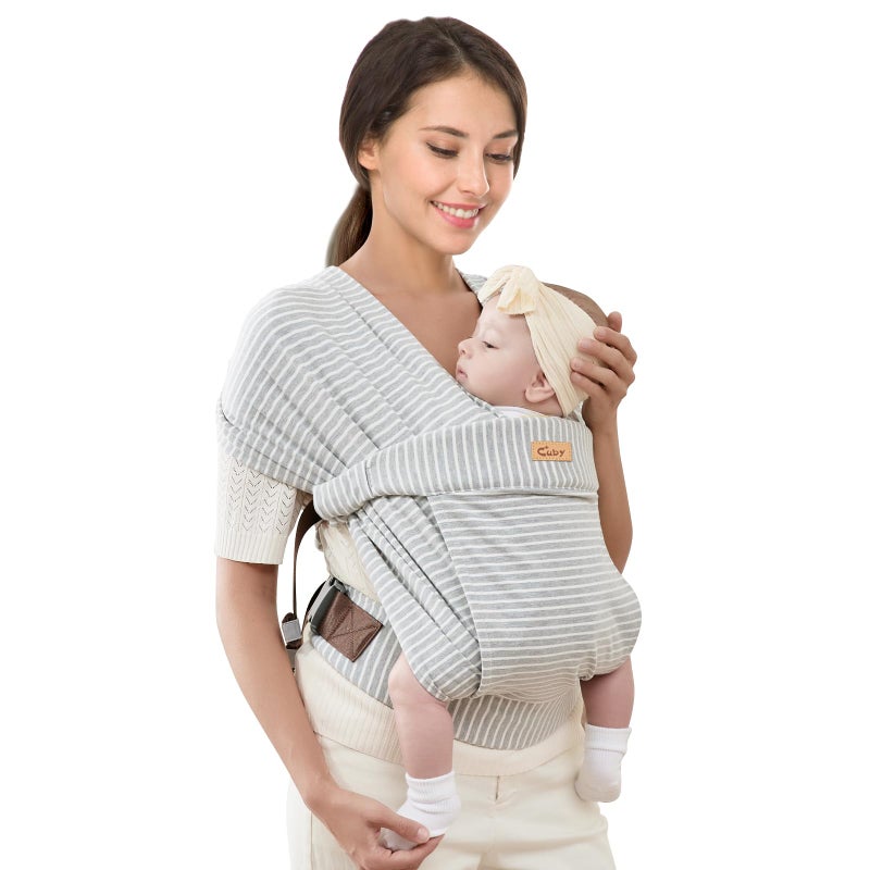 CUBY Baby Wraps Carrier, Skin-Friendly and Soft Cotton Front Newborn Carrier Wrap, One Size Fits All for Newborn Toddlers- Hands Free Baby Wearing Wrap for Travel Outdoor Gifts (Grey Stripe) - Image 1