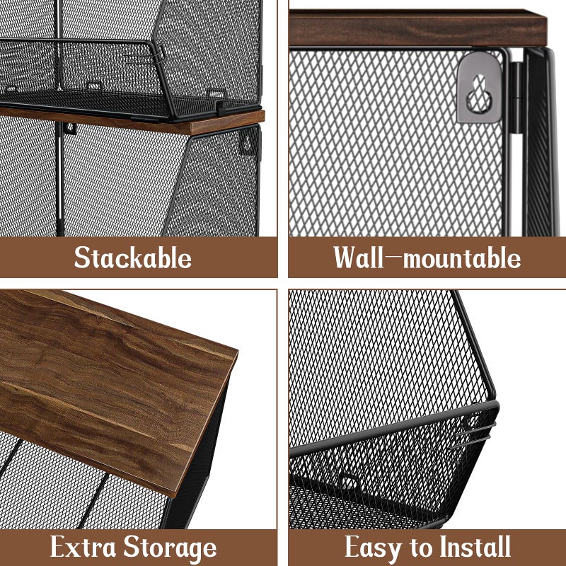 Litwaro Stackable Fruit Basket for Kitchen Countertop Space Saving, Wall Mounted Mesh Metal Wire Baskets with Wood Lid Extra Storage, 2 Pack Kitchen Counter Organizer for Snack, Onion and Potato Storage - Image 4