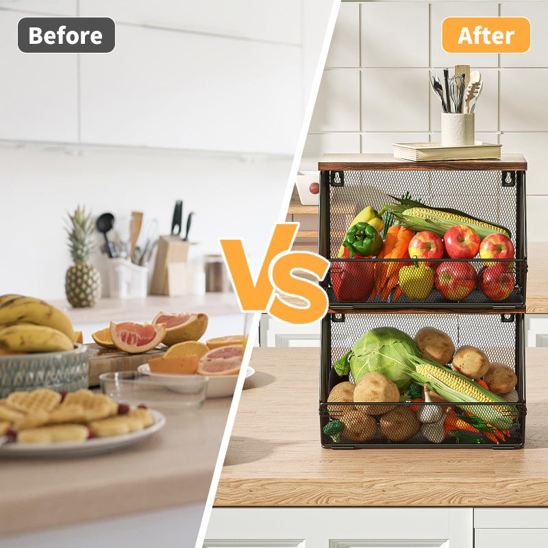 Litwaro Stackable Fruit Basket for Kitchen Countertop Space Saving, Wall Mounted Mesh Metal Wire Baskets with Wood Lid Extra Storage, 2 Pack Kitchen Counter Organizer for Snack, Onion and Potato Storage - Image 2