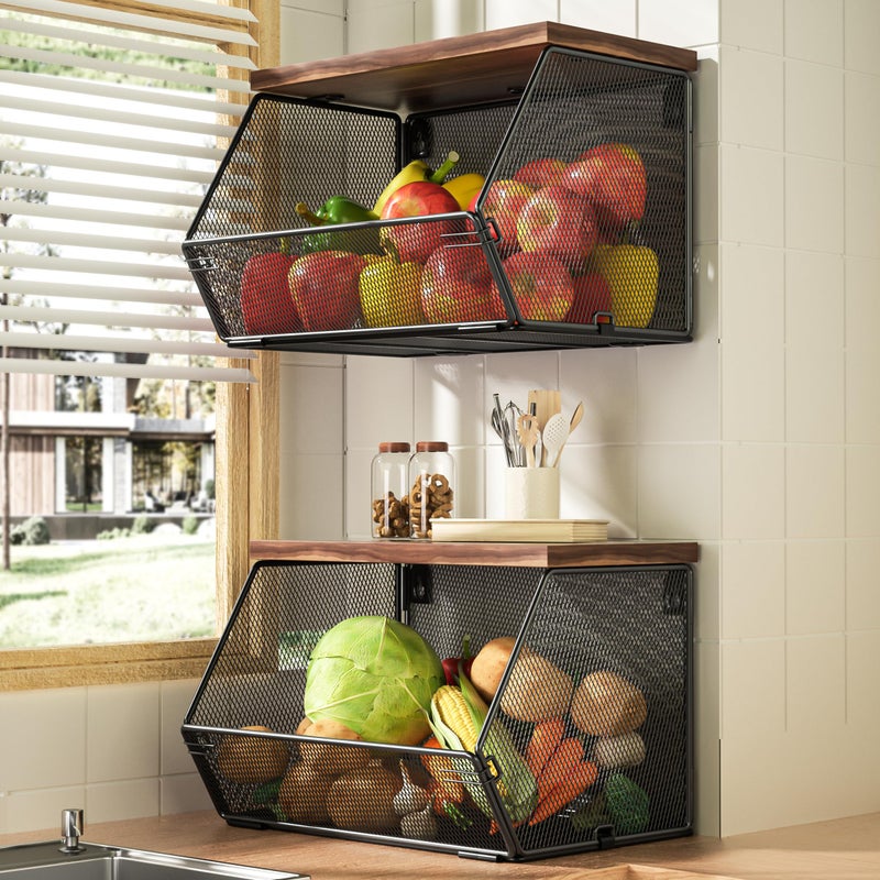 Litwaro Stackable Fruit Basket for Kitchen Countertop Space Saving, Wall Mounted Mesh Metal Wire Baskets with Wood Lid Extra Storage, 2 Pack Kitchen Counter Organizer for Snack, Onion and Potato Storage - Image 1