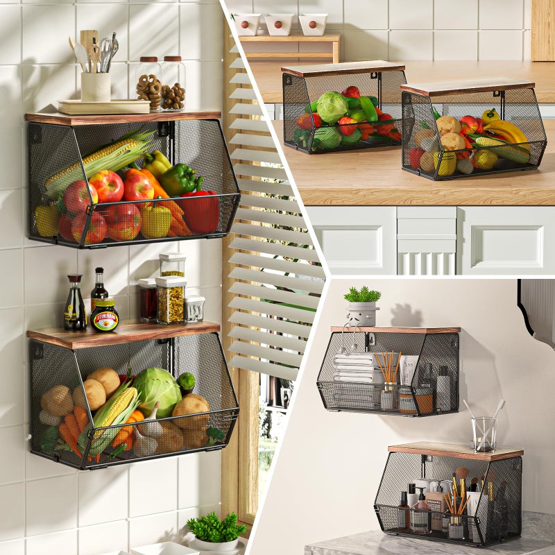 Litwaro Stackable Fruit Basket for Kitchen Countertop Space Saving, Wall Mounted Mesh Metal Wire Baskets with Wood Lid Extra Storage, 2 Pack Kitchen Counter Organizer for Snack, Onion and Potato Storage - Image 5