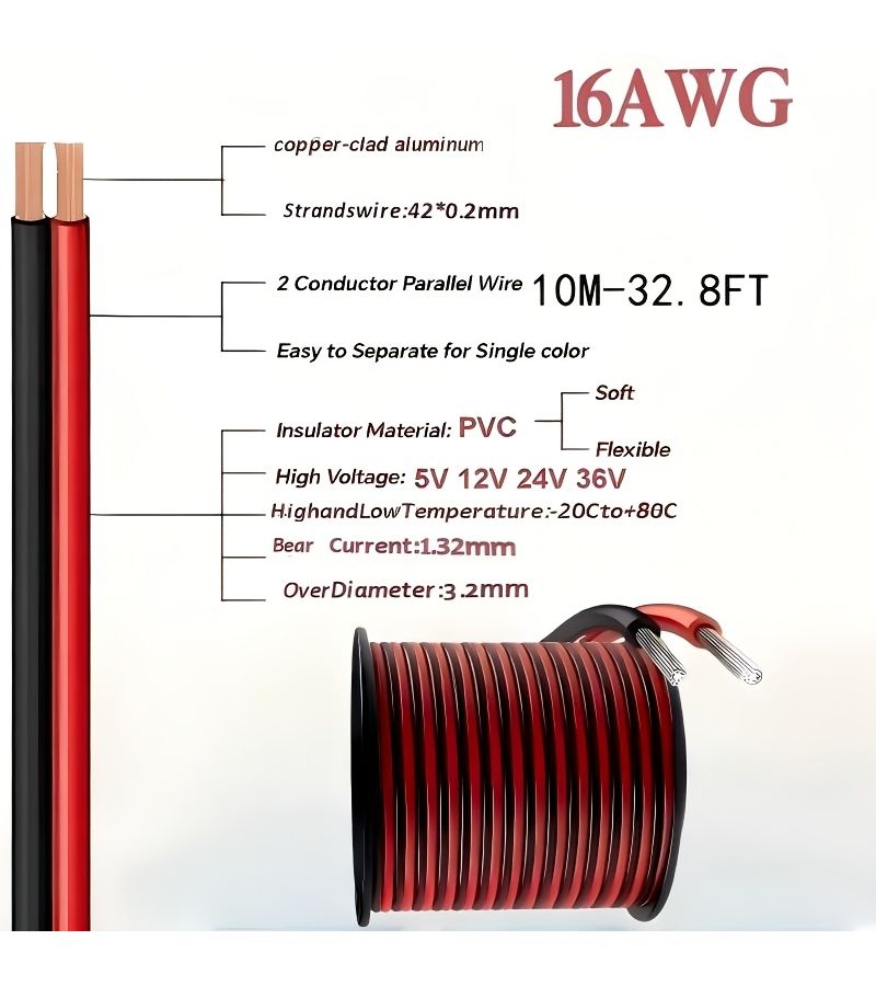 1PS سلك مثبت على العمود 16AWG من الألومنيوم المطلي بالنحاس مواصفات 16 22 2 لون أحمر وأسود كابل كهربائي CCA ثنائي اللون موصل مزدوج متوازي 12 فولت 24 فولت تيار مستمر سلك تمديد مرن مناسب لأنظمة الصوت والراديو ومكبرات الصوت في السيارات 393.7 بوصة - Image 3
