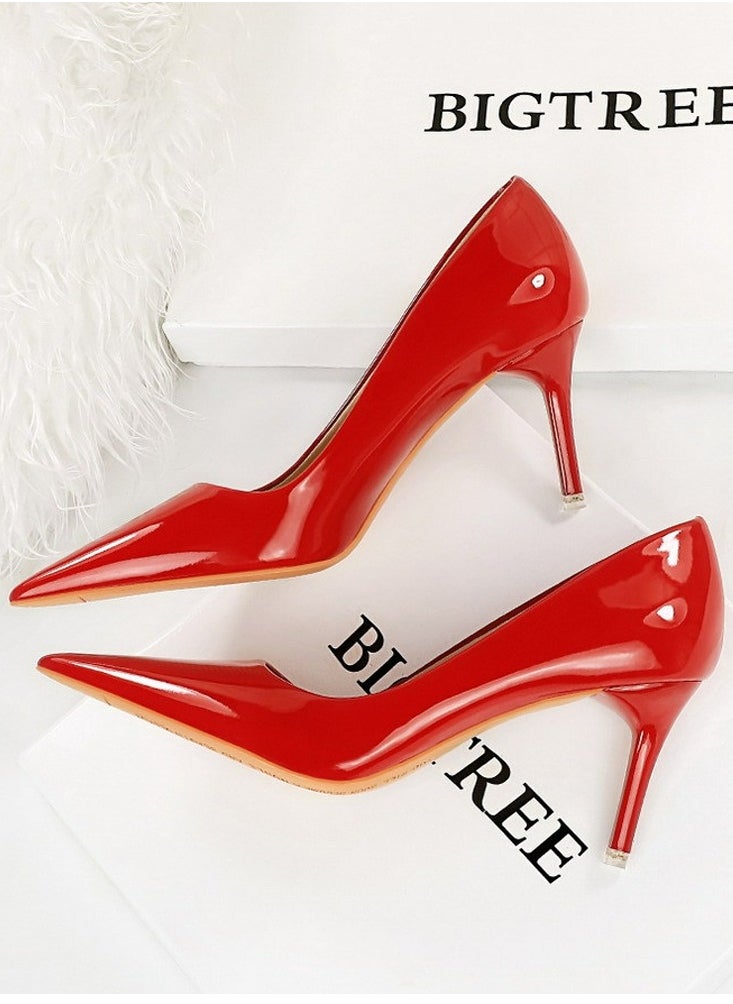 BIGTREE Women's Fashionable Shiny Stiletto Pumps 7.5cm Elegant Gorgeous Closed Pointed Toe Slip On Solid High Heels Red 