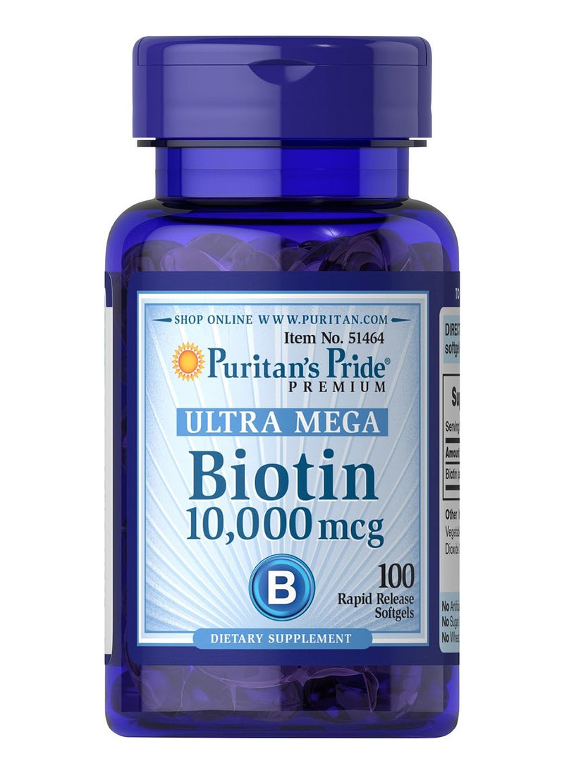 Puritan's Pride Biotin 10000 Mcg, Helps Promote Skin, Hair and Nail Health, Softgels 100 Count 