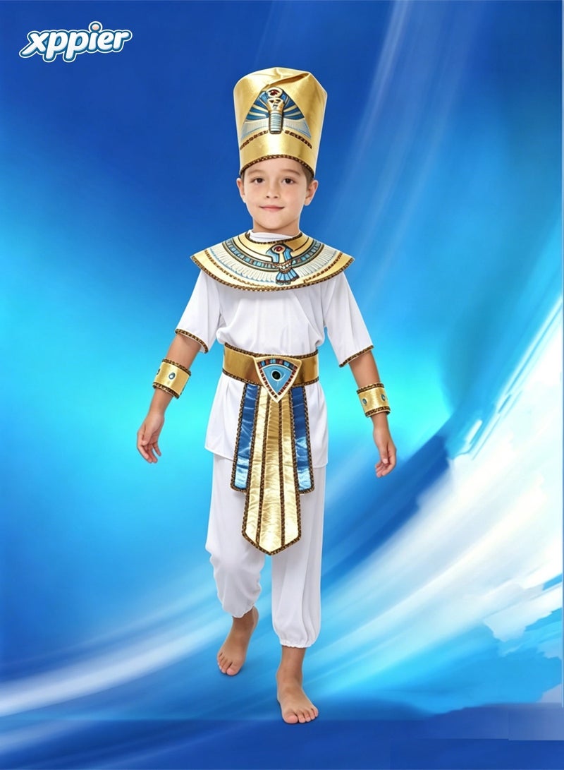xppier Egyptian Pharaoh Costume for Kids Boys, Egyptian Fancy Dress Outfit with Crown Collar Belt Wrist Cuffs for International Day Cosplay School Party - Image 1