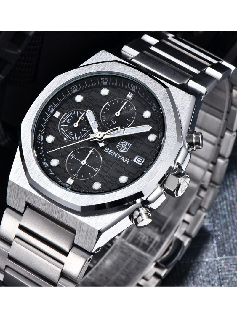 BENYAR Mens Watches Multifunction Chronograph Date Quartz Watch for Men Stainless Steel Band Wrist Watch Gift for Men Casual Business - Image 4