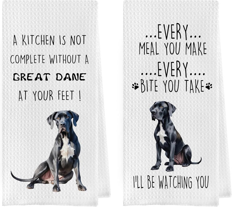 Geqtt Great Dane Dish Towels Set - Funny Great Dane Decorative Waffle Kitchen Towels, Hand Towel, Tea Towel (16×24 Inches, Set of 2) - Image 1