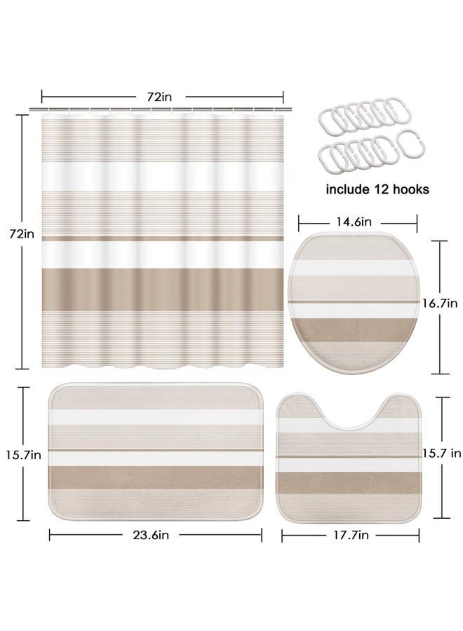 Tayney Beige Shower Curtain Set with Toilet Lid Cover and Non-Slip Rugs for Bathroom, Modern Striped Lines 4 Pcs Shower Curtain, Simple Abstract Bathroom Set with 12 Hooks - Image 2