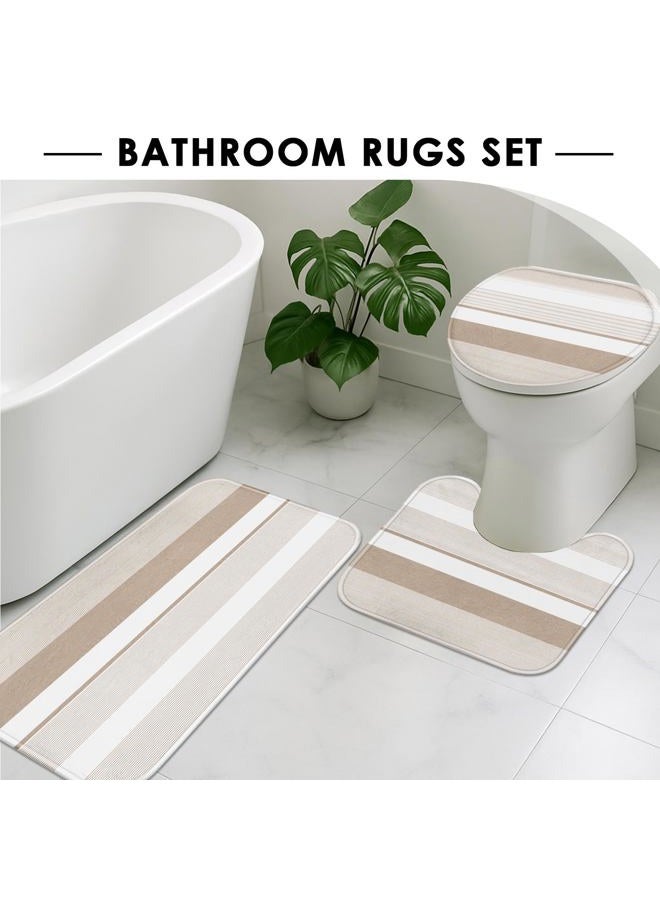 Tayney Beige Shower Curtain Set with Toilet Lid Cover and Non-Slip Rugs for Bathroom, Modern Striped Lines 4 Pcs Shower Curtain, Simple Abstract Bathroom Set with 12 Hooks - Image 5