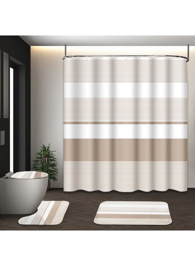 Tayney Beige Shower Curtain Set with Toilet Lid Cover and Non-Slip Rugs for Bathroom, Modern Striped Lines 4 Pcs Shower Curtain, Simple Abstract Bathroom Set with 12 Hooks - Image 1