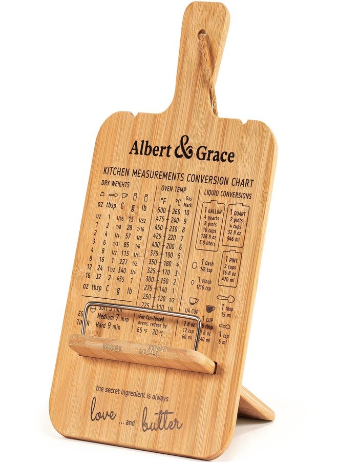Albert&Grace Adjustable Bamboo Cookbook Stand with Conversion Chart - Recipe Book Holder for Kitchen Counter, Large Wooden Stand for Cookbooks, Tablets, & iPads - Image 1
