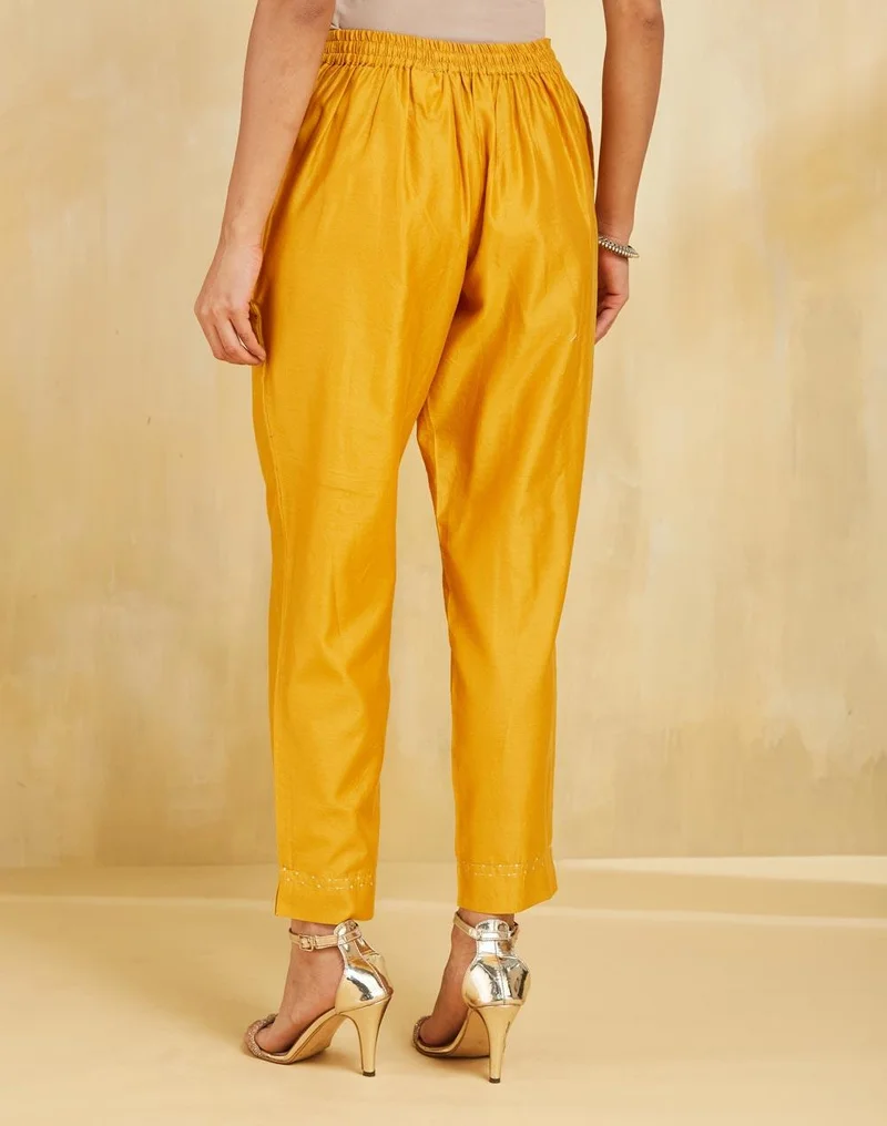 Fabindia Mustard Cotton Silk Embroidered Ethnic Pant