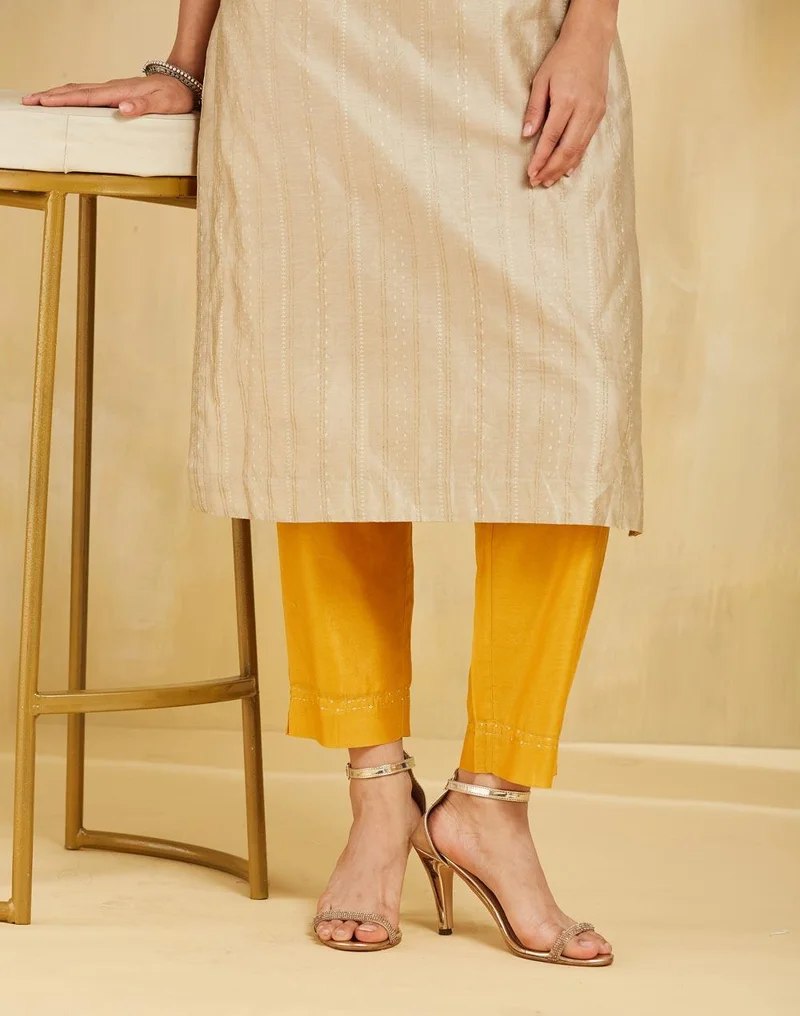 Fabindia Mustard Cotton Silk Embroidered Ethnic Pant