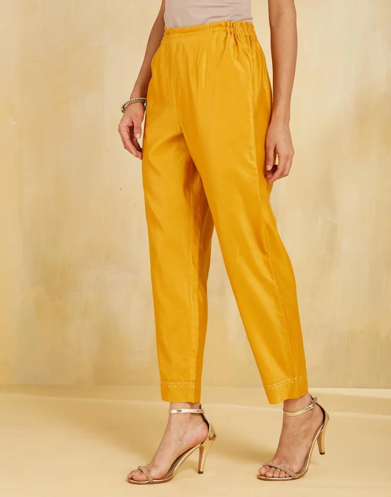 Fabindia Mustard Cotton Silk Embroidered Ethnic Pant