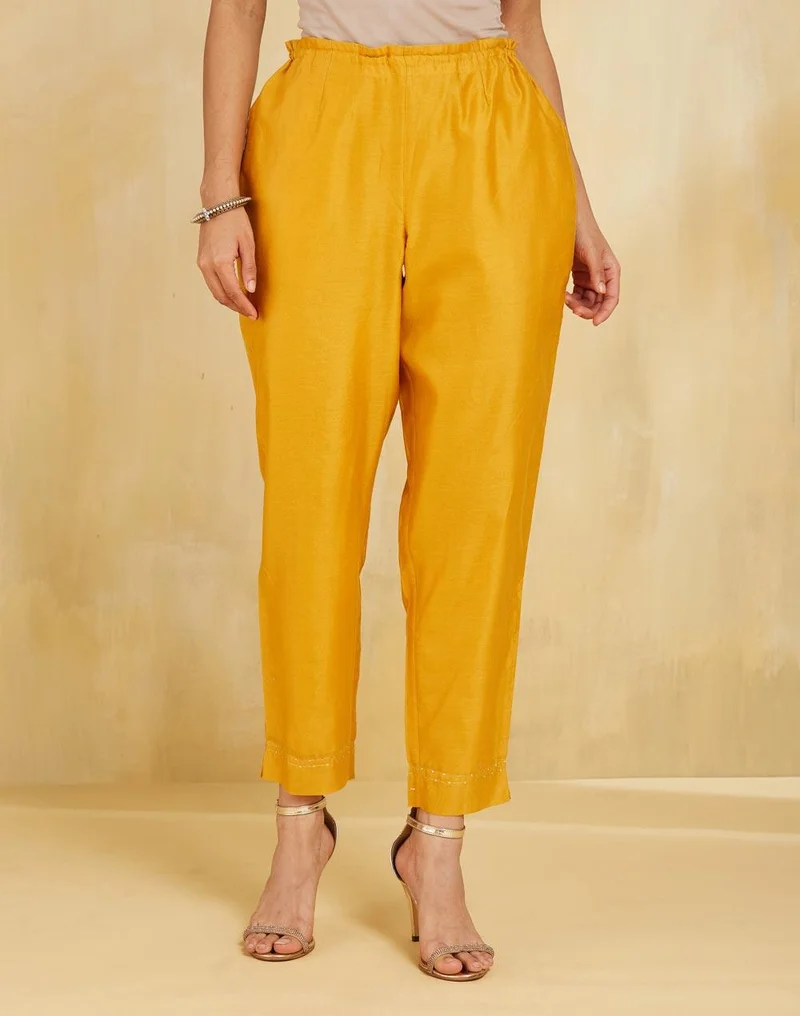 Fabindia Mustard Cotton Silk Embroidered Ethnic Pant
