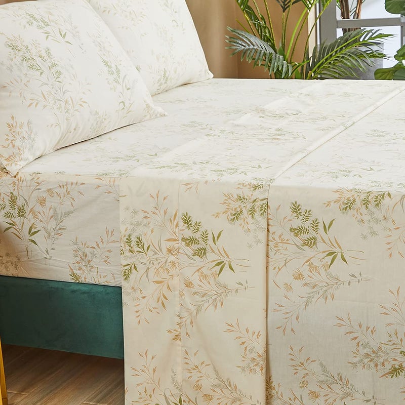 FADFAY Floral Leaves Bed Sheet Set King Premium 100 Cotton 600 TC Green  Cream Flower Bedding Botanical Printed Farmhouse Super Soft Breathable Deep Pocket Fitted Sheet 4Pcs King