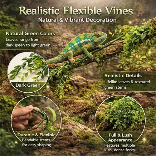 HERCOCCI 3 Pack Reptile Plants, Terrarium Hanging Plants Vines Artificial Leaves Habitat Decorations with Suction Cup for Bearded Dragon Hermit Crab Lizard Snake Geckos Chameleon - Image 2