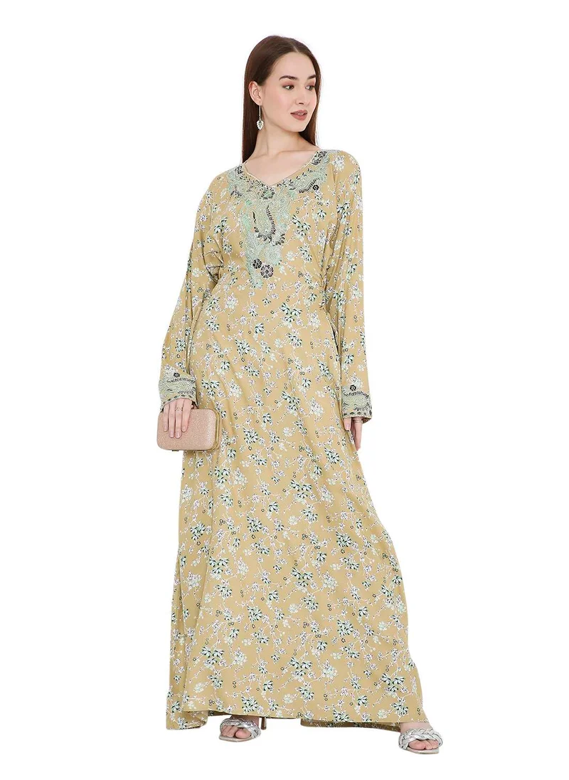 HANA & SARA MULTICOLOUR PRINTED WITH STONE BEADED ON EMBROIDERY STYLISH ARABIC KAFTAN JALABIYA DRESS