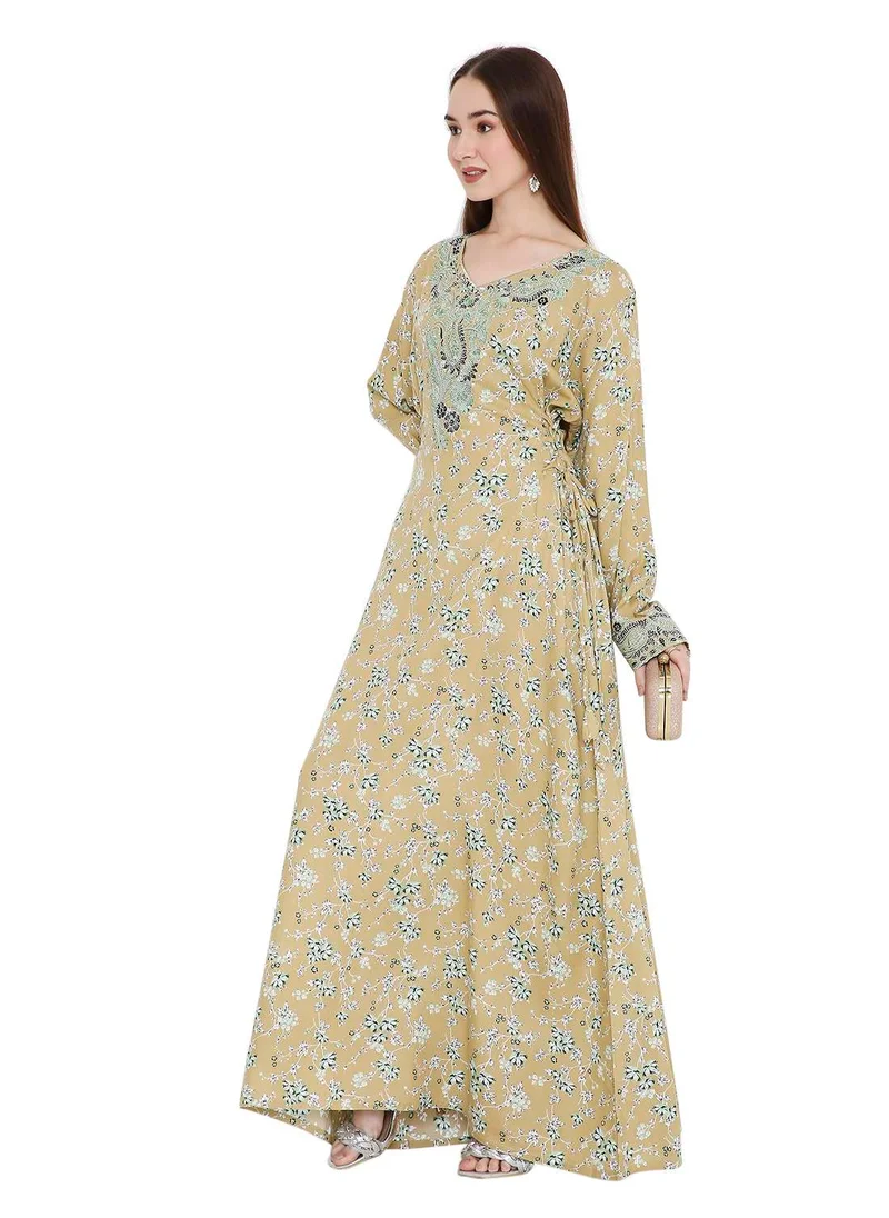 HANA & SARA MULTICOLOUR PRINTED WITH STONE BEADED ON EMBROIDERY STYLISH ARABIC KAFTAN JALABIYA DRESS