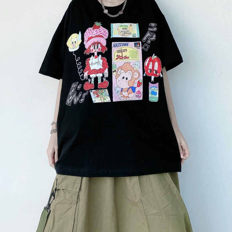 Casual Summer Fun Cartoon Graffiti Printed T-Shirt For Men And Women Loose Couple Students Versatile Round Neck Short Sleeves - Image 3