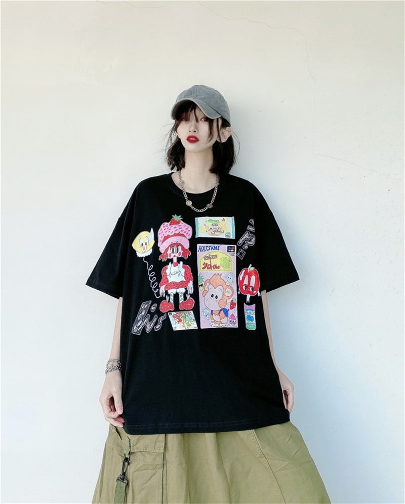 Casual Summer Fun Cartoon Graffiti Printed T-Shirt For Men And Women Loose Couple Students Versatile Round Neck Short Sleeves - Image 1