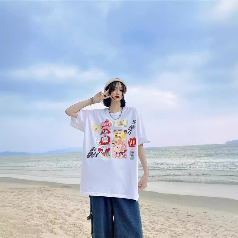 Casual Summer Fun Cartoon Graffiti Printed T-Shirt For Men And Women Loose Couple Students Versatile Round Neck Short Sleeves - Image 4