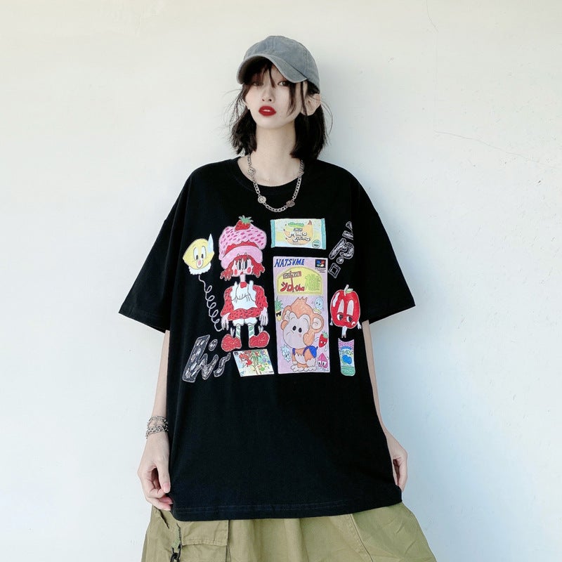 Casual Summer Fun Cartoon Graffiti Printed T-Shirt For Men And Women Loose Couple Students Versatile Round Neck Short Sleeves - Image 2