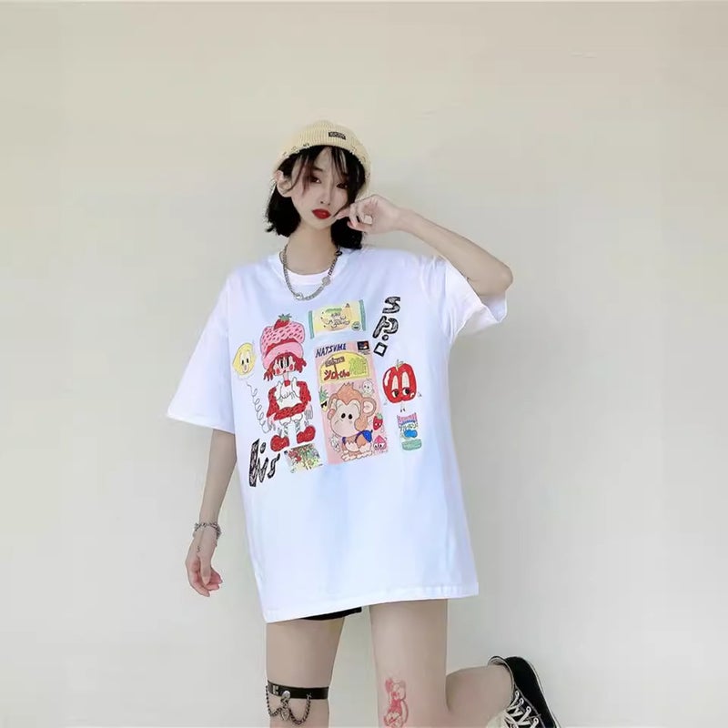 Casual Summer Fun Cartoon Graffiti Printed T-Shirt For Men And Women Loose Couple Students Versatile Round Neck Short Sleeves - Image 5