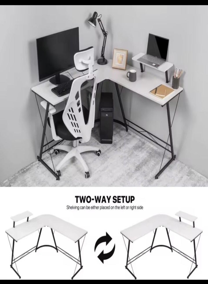 Generic L-Shaped Corner Gaming Table Custom Home Computer Desk with Large Monitor Stand for Time Saving and Easy Assembly (White)  - Image 3